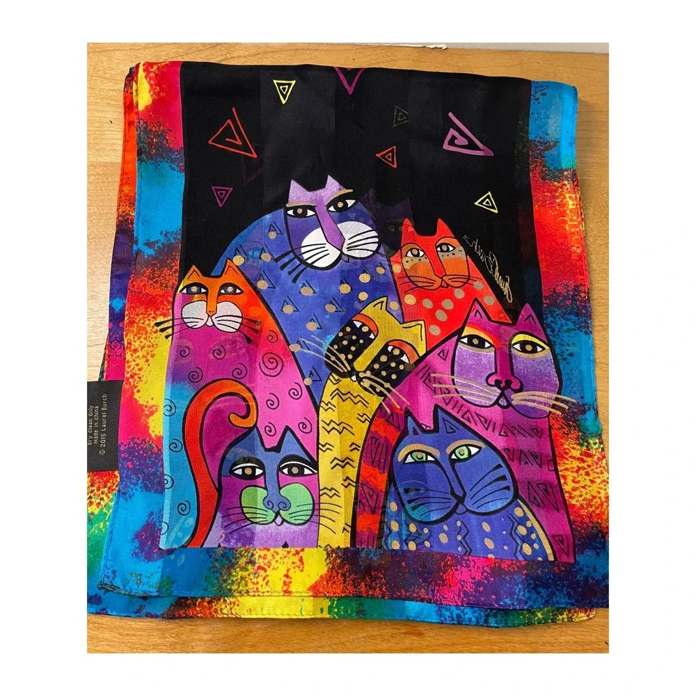 Laurel Burch Silk Scarf Multi Color Cat‎ Art Print Long Rectangle 2015